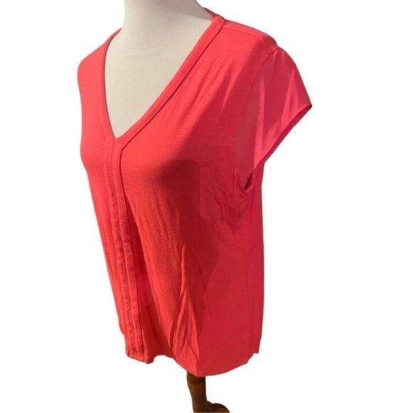 Liz Claiborne Womens Tops V Neck Semi Sheer Sleeve Coral Large - Picture 10 of 10